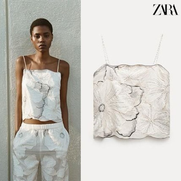 NWT Zara Embroidered Strappy Top Size L & Straight Leg Pants Size M - Picture 11 of 14